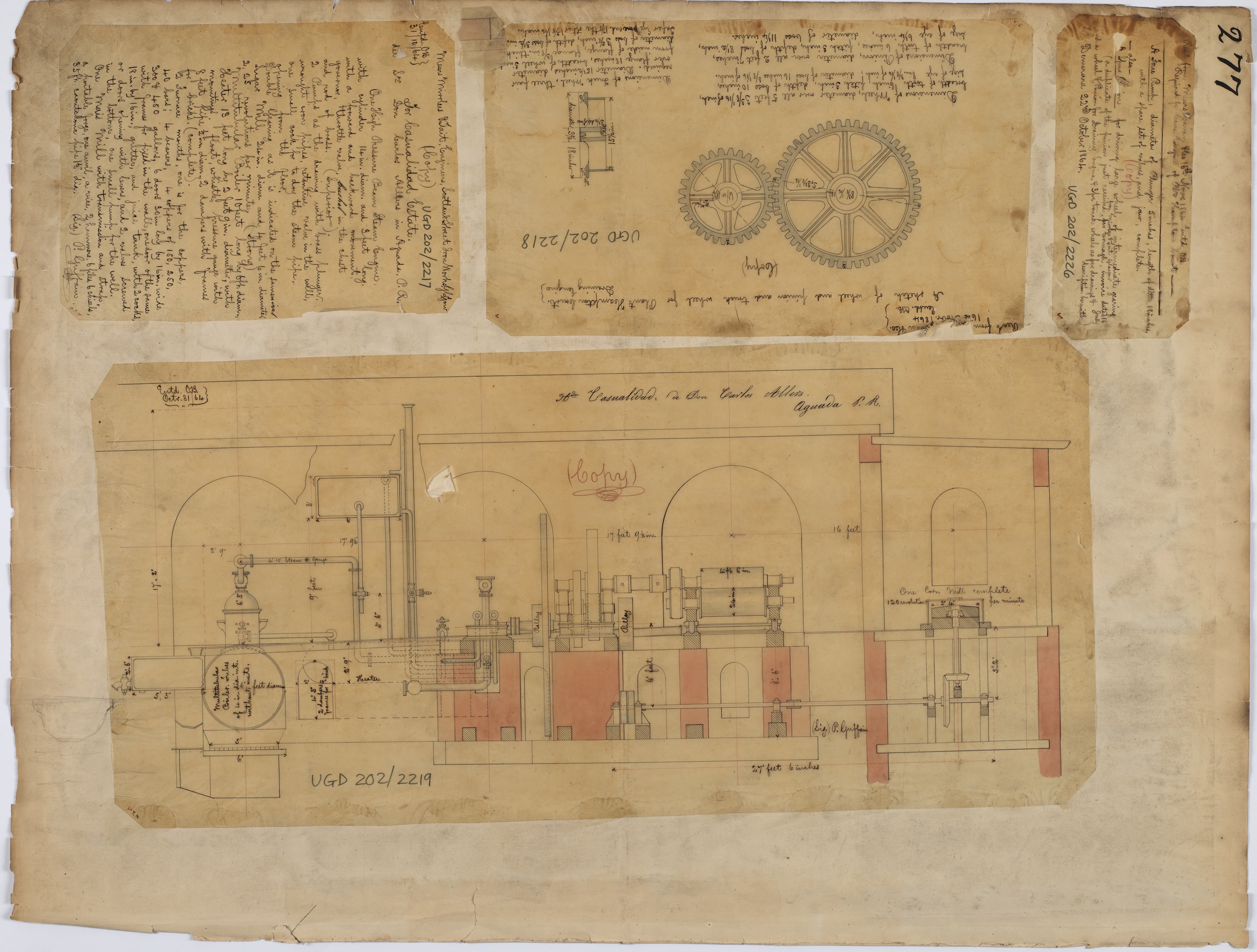 Technical data for clients in Guyana and Puerto Rico, Mirrlees & Tait, 1864. Ref: UGD202/2217-2219, 2226/p277