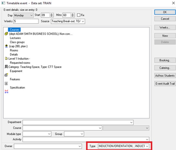 A screenshot from CMIS showing an event window, with the INDUCTION/ORIENTATION tag highlighted within the Event Type field.