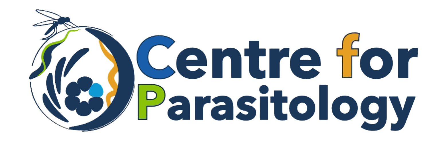 A white background behind the Centre for Parasitology logo, which is just the wording with cells and a mosquito around the 'C'