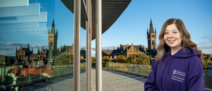 View from JMS Balcony to the Gilbert Scott with Sami's headshot