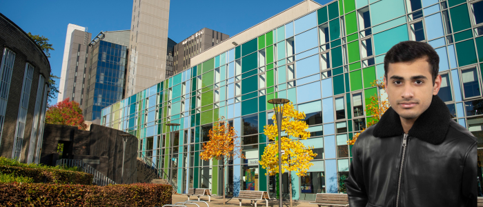 Exterior of the Fraser Building with headshot of a smiling man