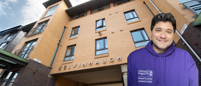 Exterior of Kelvinhaugh Court with headshot of a smiling man
