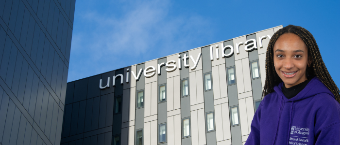 Exterior of the library with headshot of smiling woman