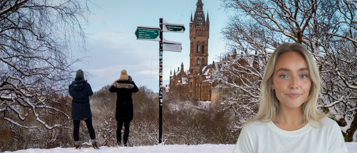 View of the University tower from Kelvingrove Park in the snow with headshot of smiling woman