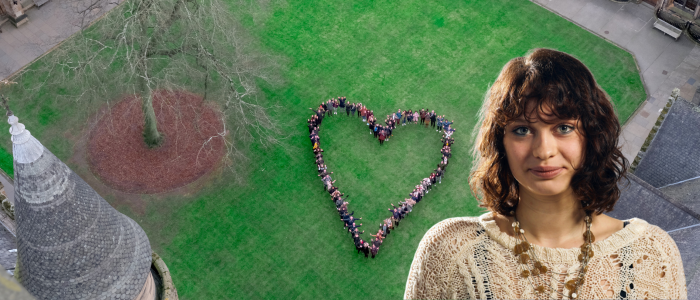 Aerial view of people forming a heart with headshot of smiling woman