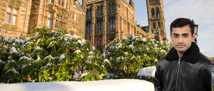 Exterior of Gilbert Scott in the snow with headshot of smiling man