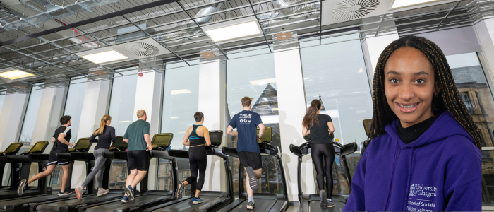 People running on a treadmill in the gym with headshot of smiling woman