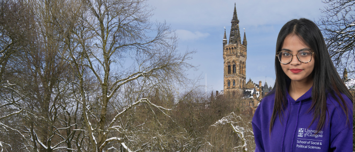 View of Gilbert Scott in the snow with headshot of smiling woman