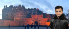 Edinburgh castle at dusk with headshot of smiling man