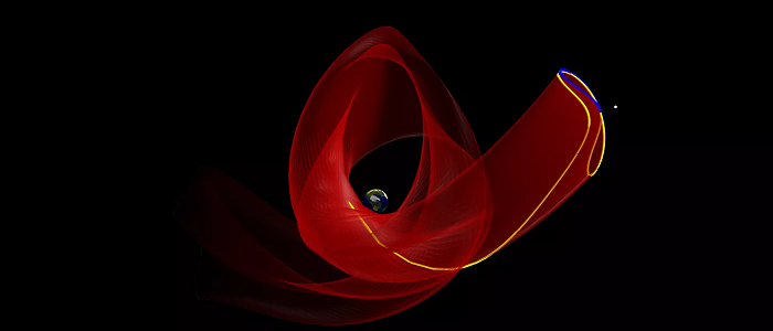 red computer graphic with yellow line and black background