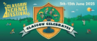 Illustration of a crest with Glasgow Celebrates across the middle, the crest is sitting in front of an illustration of a park with people walking