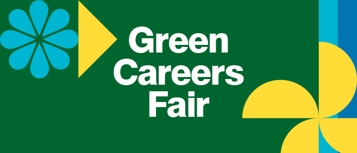 Abstract shapes and icons in various colours with text: Green Careers Fair