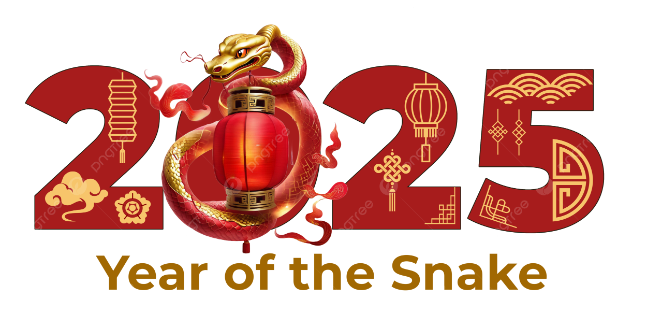 A red and gold image. The numbers 2 0 2 5 with an ornate snake wrapped around the first 0 and the text under the numbers reads, Year of the snake.