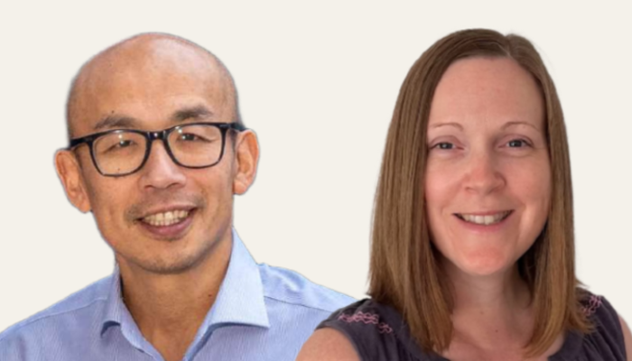 A composite image made up of head and shoulder portrait shots of Professor Gwo-tzer Ho on the left and Professor Nicola Veitch on the right