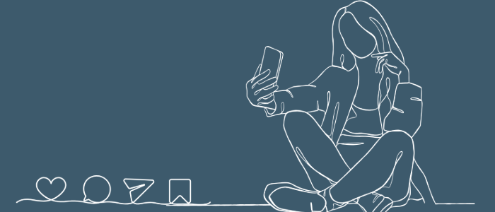 An outline of a person holding their phone with a group of phone apps next to her