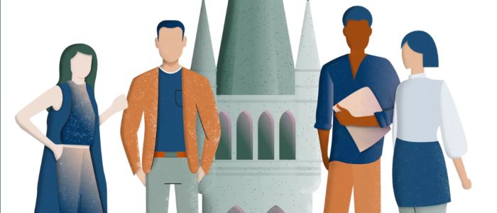 Illustration of two men and two women in front of the University of Glasgow tower