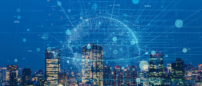 Skyline with graphic representing social AI