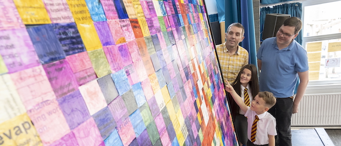 (clockwise from top left) Dr Calum Torrie of LIGO, Dr Andrew Spencer of the University of Glasgow, Cardonald Primary School P2 pupil Harry McGregor (age 6) and P7 pupil Darcie Ayton (Age 10)