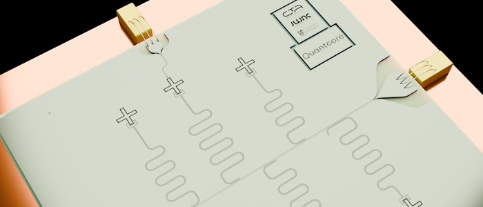 A superconducting quantum chip with six qubits (crosses), each of them coupled to its readout resonator. Image credit: Valentino Seferai / University of Glasgow