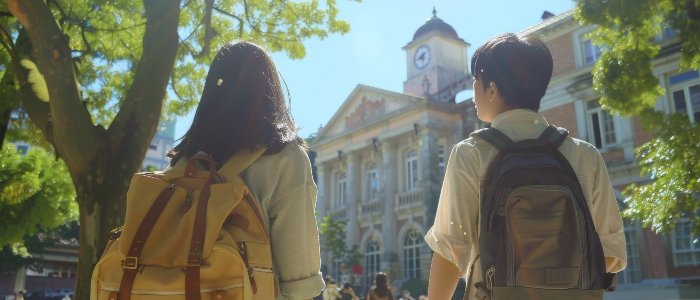 Portrait of students studying abroad on an American or European campus