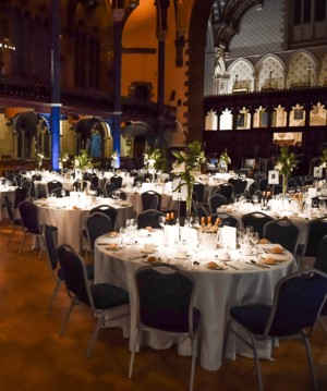 Bute Hall set out with round dining tables ready for celebration dinner