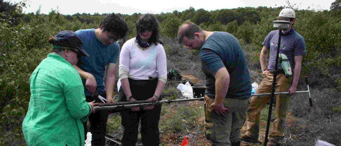 The team taking a sediment core from Hatfield Moors NNR. Left to right: Nicki Whitehouse, Wenguang Tang, Rachel McDonald, Stuart Munro, Luca McCall. Photo credit: Alex Skarlatos-Currie.
