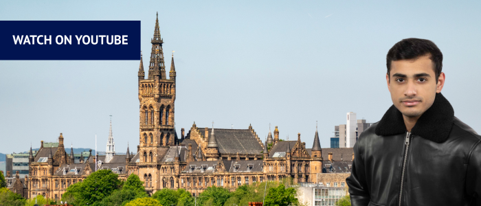 View of the Gilbert Scott Building of the University of Glasgow in the city's skyline with headshot of man