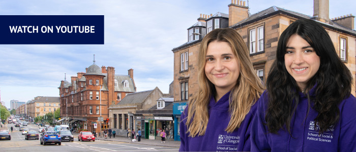 View down Great Western Road in the daylight with headshots of two smiling women