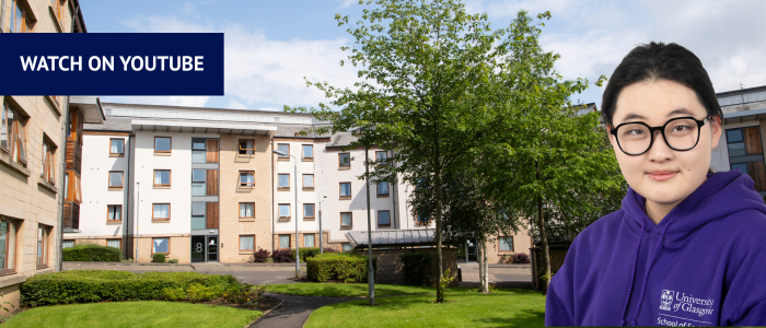 View of Queen Margaret Student Accommodation with headshot of smiling woman