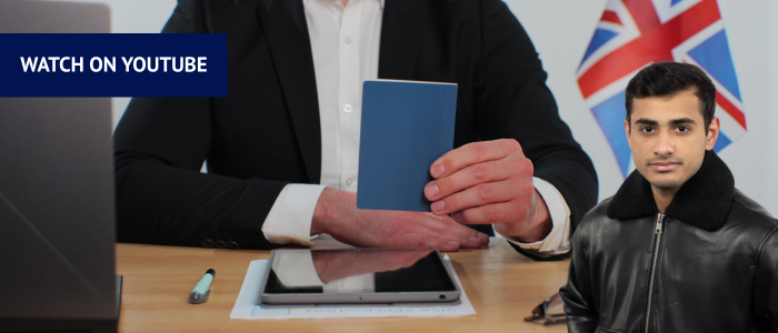 Man holding passport with forms in front of him next to a Union Jack flag with headshot of man