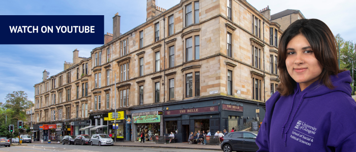 View of Great Western Road with headshot of smiling woman