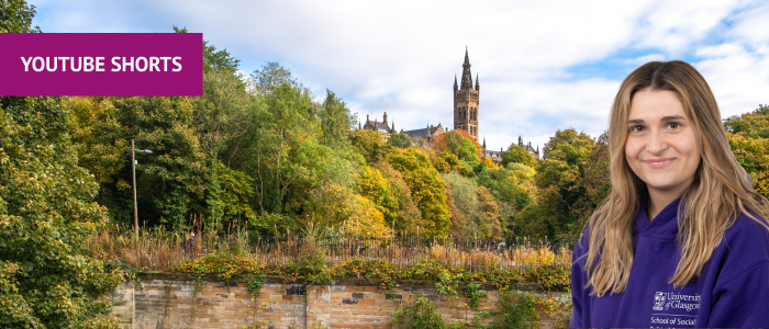 View of the University of Glasgow from Kelvingrove Park with headshot of woman