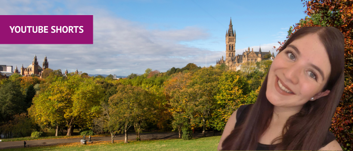 View of the University of Glasgow across Kelvingrove Park with headshot of smiling woman