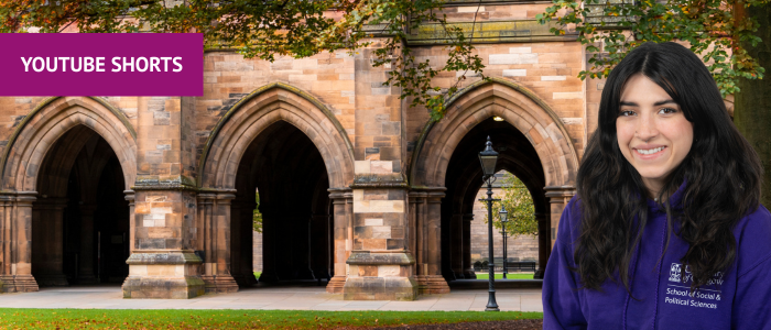 View of the cloisters from the side with headshot of smiling woman