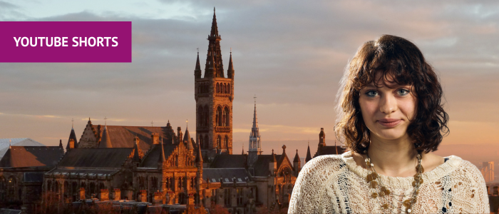 View of the Gilbert Scott Building at sunset with headshot of smiling woman