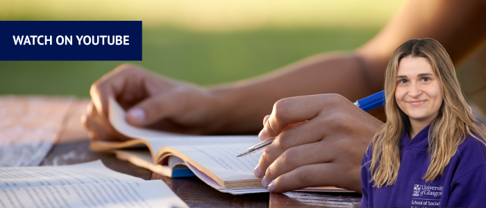 Person writing in a notebook with headshot of smiling woman