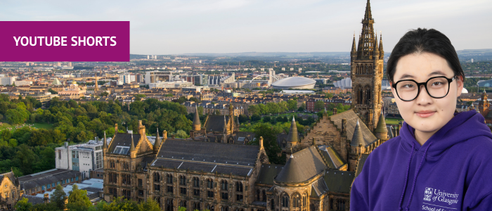 University of Glasgow from above with headshot of smiling woman