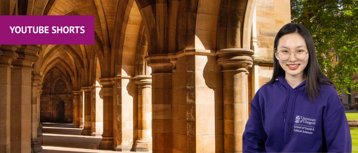 View from the cloisters with headshot of smiling woman