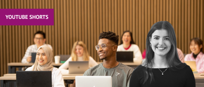 Students sitting in a lecture with headshot of smiling woman