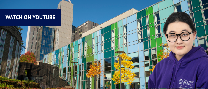 Exterior of the Fraser Building with the University Library in the background with headshot of smiling woman