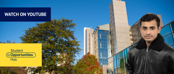 View of the Fraser Building and Library exterior with headshot of man
