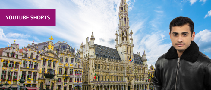 View of Brussels with headshot of man