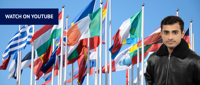 Flags of the European Union blowing in the wind with headshot of man