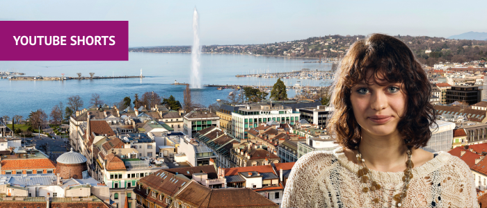 View over Geneva looking out to the lake with headshot of smiling woman