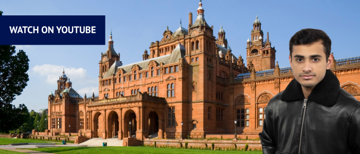 Exterior of the Kelvingrove Art Gallery & Museum with headshot of man