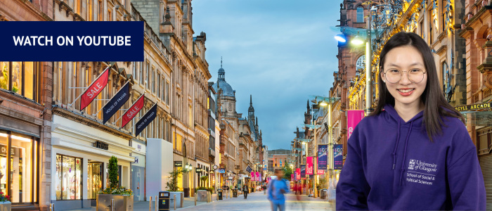 View down Buchanan Street with headshot of smiling woman
