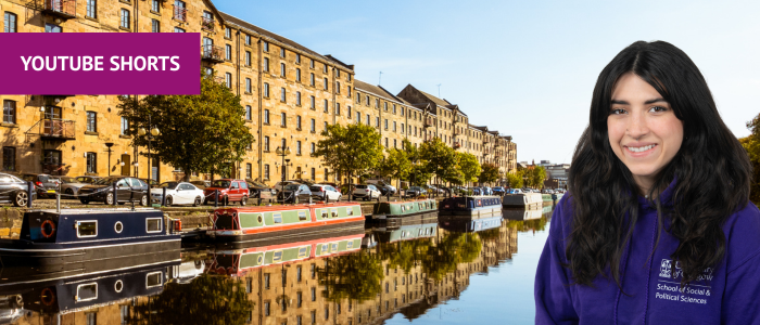 View of houseboats on the Forth & Clyde Canal with Spiers Wharf in the background with headshot of smiling woman