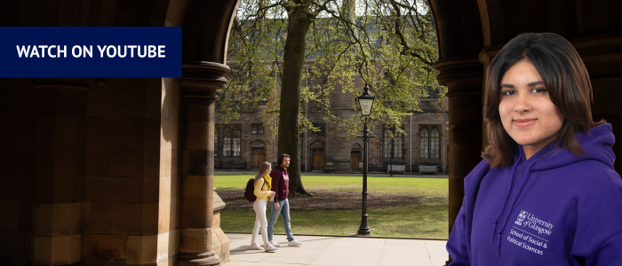 View through the quadrangle at the University of Glasgow with students walking in the background next to headshot of smiling woman