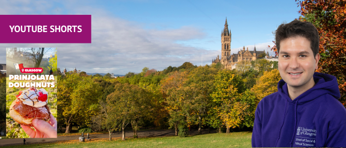 View of the University of Glasgow from Kelvingrove park with screenshot of a Maltese doughnut and headshot of smiling man