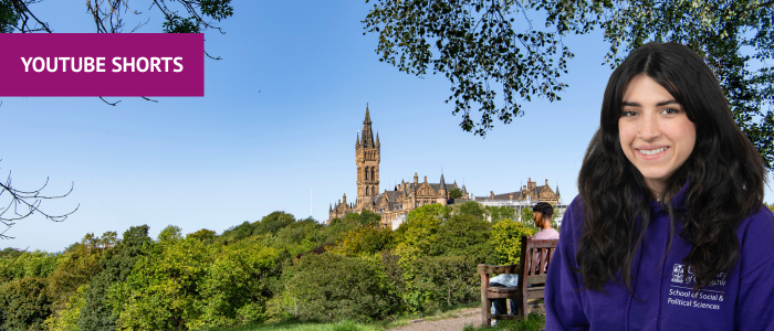 View of the University of Glasgow from Kelvingrove Park with headshot of smiling woman